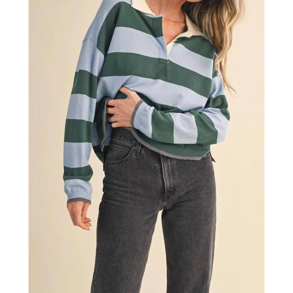 NEW &MERCI striped rugby sweater in blue green